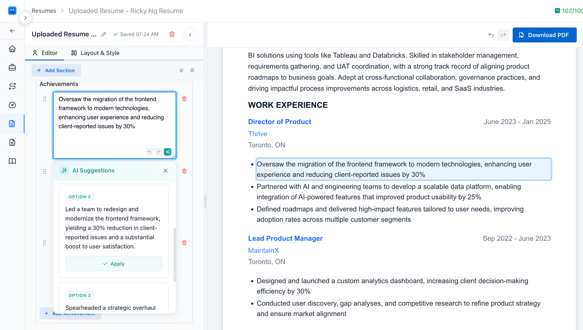 AI suggestions for resume improvement