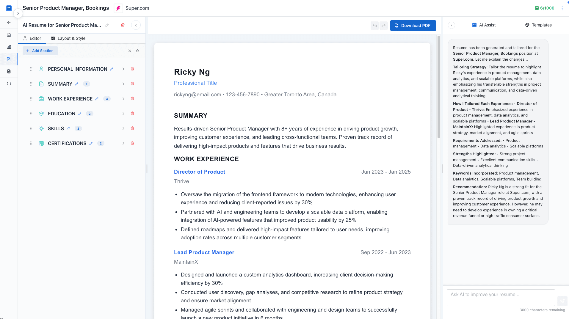 Career AI Bot AI Resume Builder interface